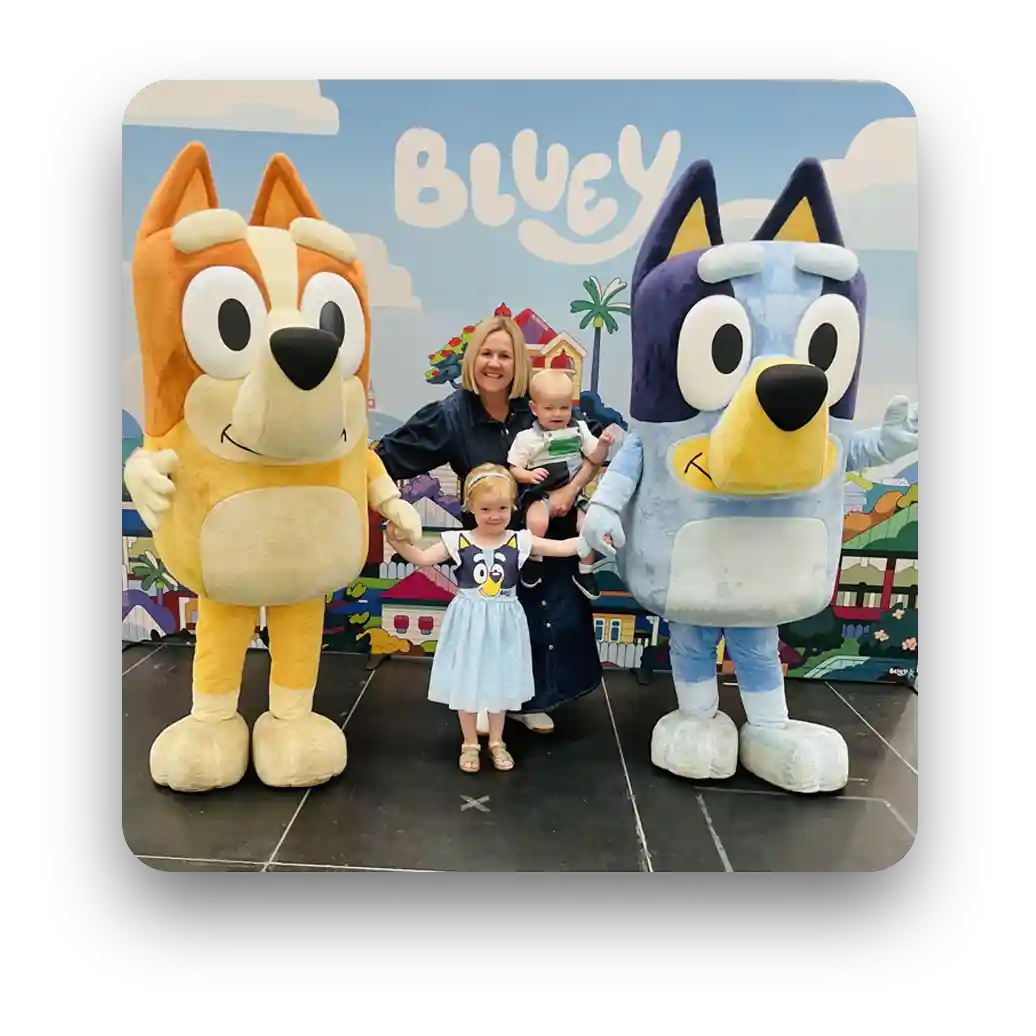 Chelsea and her kids at a Bluey event in Adelaide