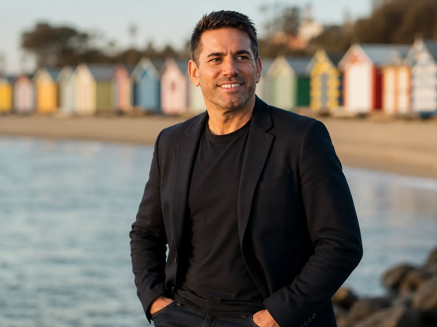 Marty Tucker on the Bayside foreshore in front of the Brighton bathing boxes, Zib Digital Partner